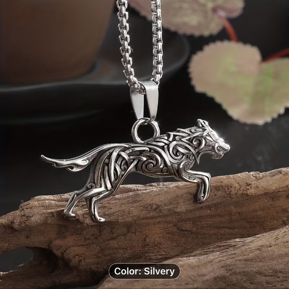 Silver Coloured Wolf Pendant Necklace -  Running Wolf Design